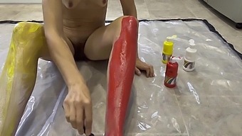 Tiny Brunette'S Naked Body Painting