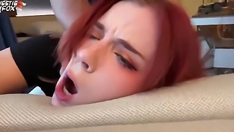 Redhead Gives A Live Performance While Polishing A Man’s Dick In The Living Room.