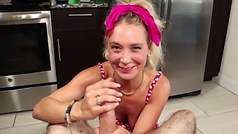 Beautiful Blonde Gives Great Blow Job In Kitchen On A Man'S Penis.